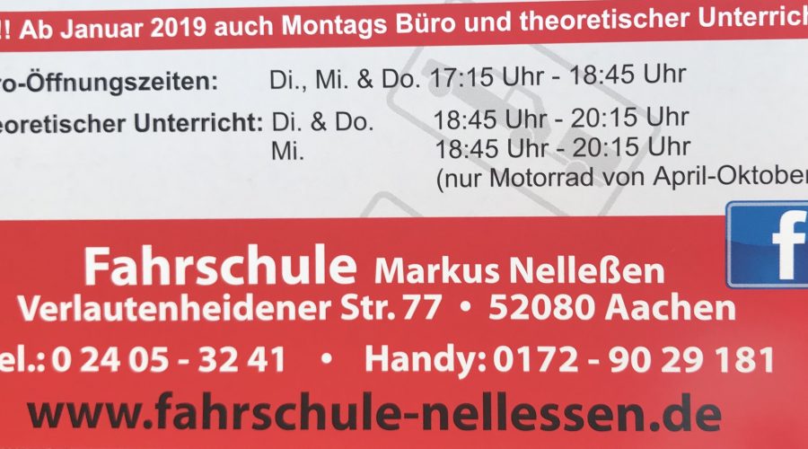 Ab Januar 2019 auch montags geöffnet und Theorie Unterricht